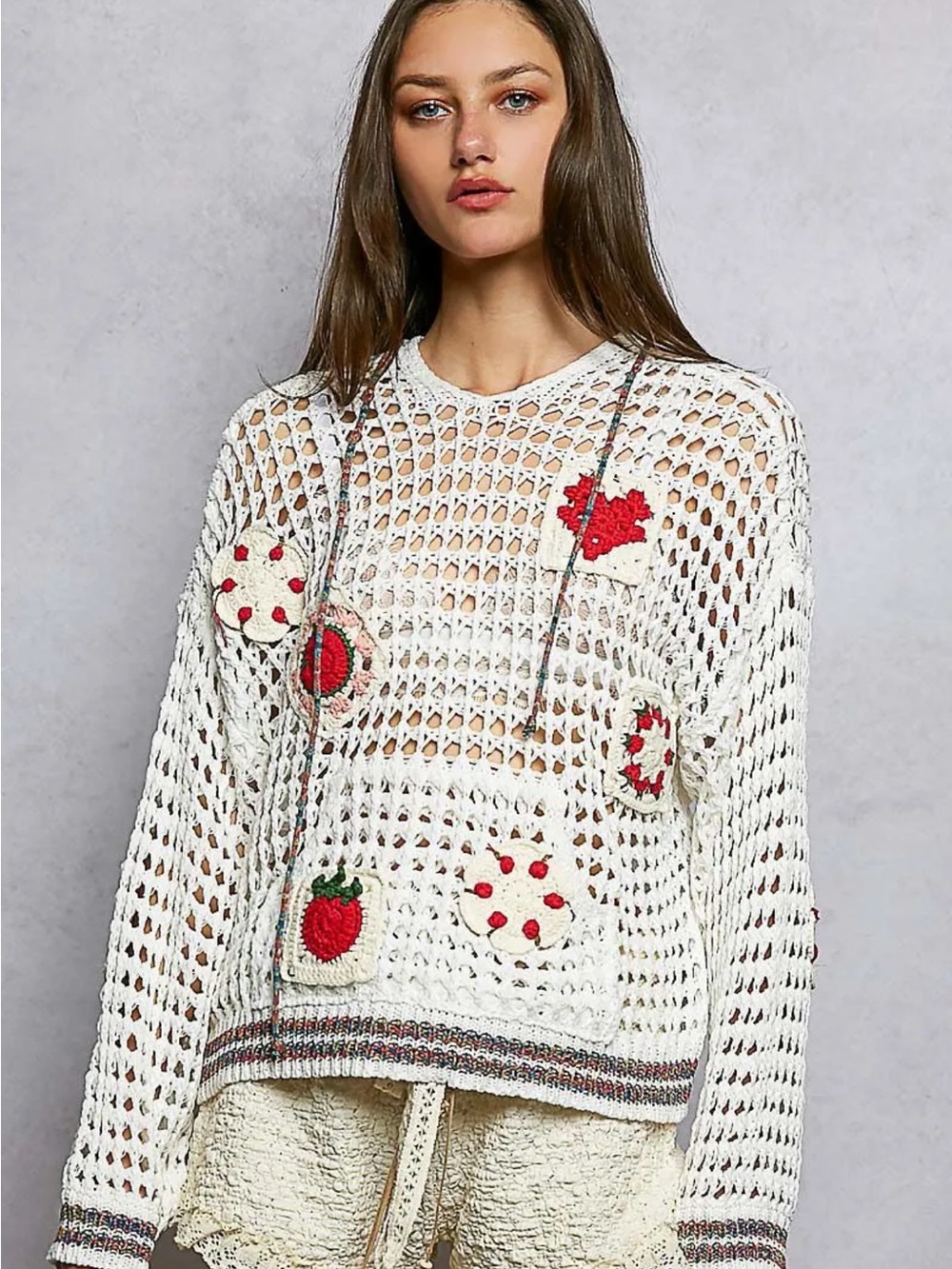 NWOT POL Cream Crochet Pullover w/ Patchwork Appliqués